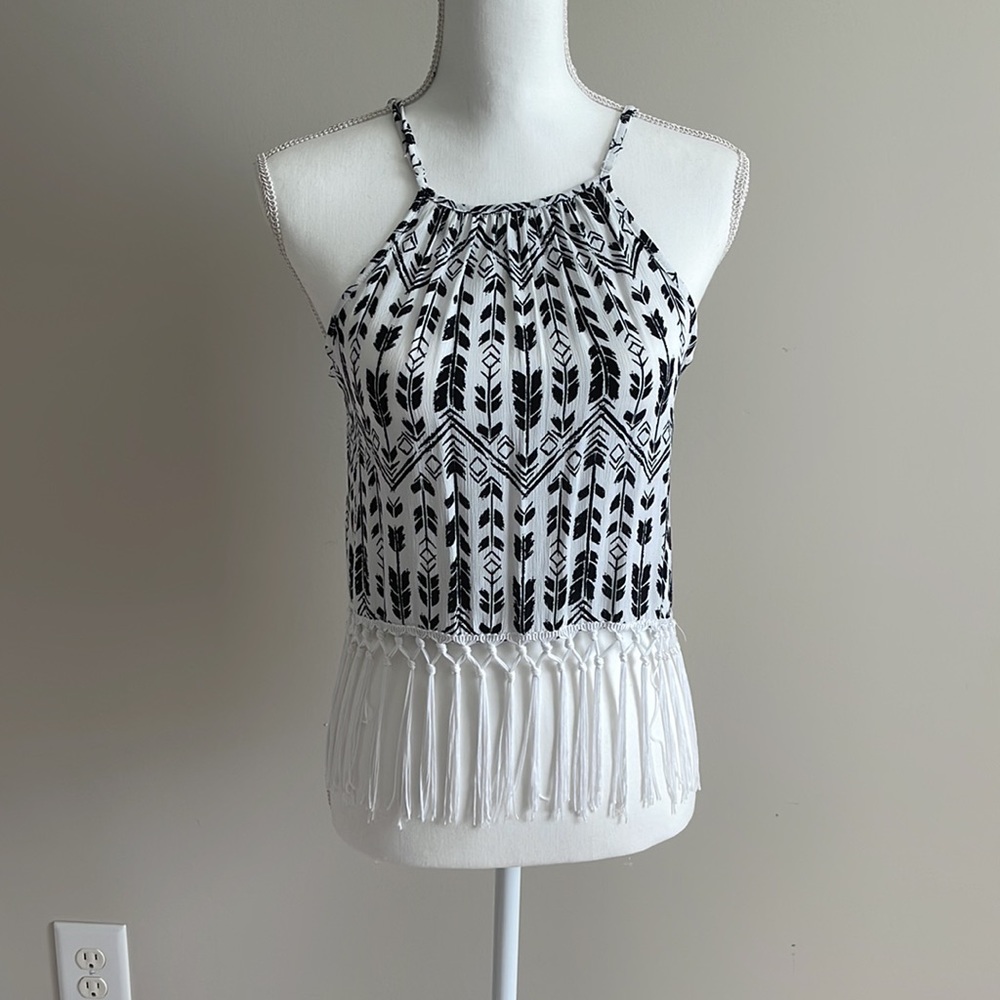 Black and White Crop top with Tassels